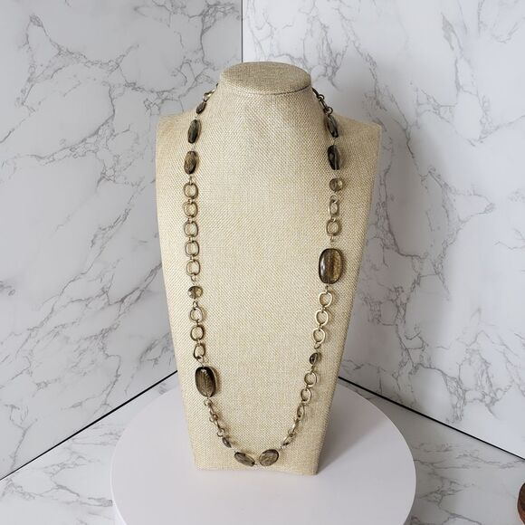 LONG Matte Gold Necklace Smokey Glass Beads - Picture 1 of 7